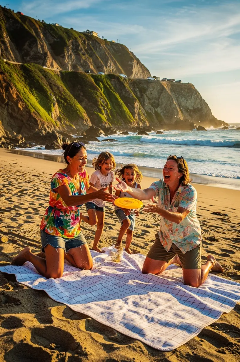 Family enjoying a picnic at a seaside park with iconic California coastal landmarks visible in the background.